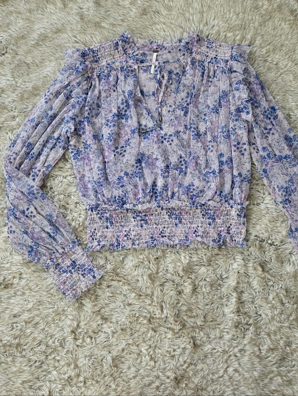 Free People Twyla Smocked Floral Lavender Ruffle Tie-Neck Blouse Womens Size XL